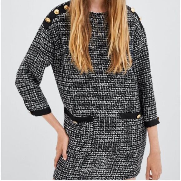 ZARA | TRF Collection Black White Tweed Shift Dress Gold Buttons Mini | Medium - Picture 2 of 16